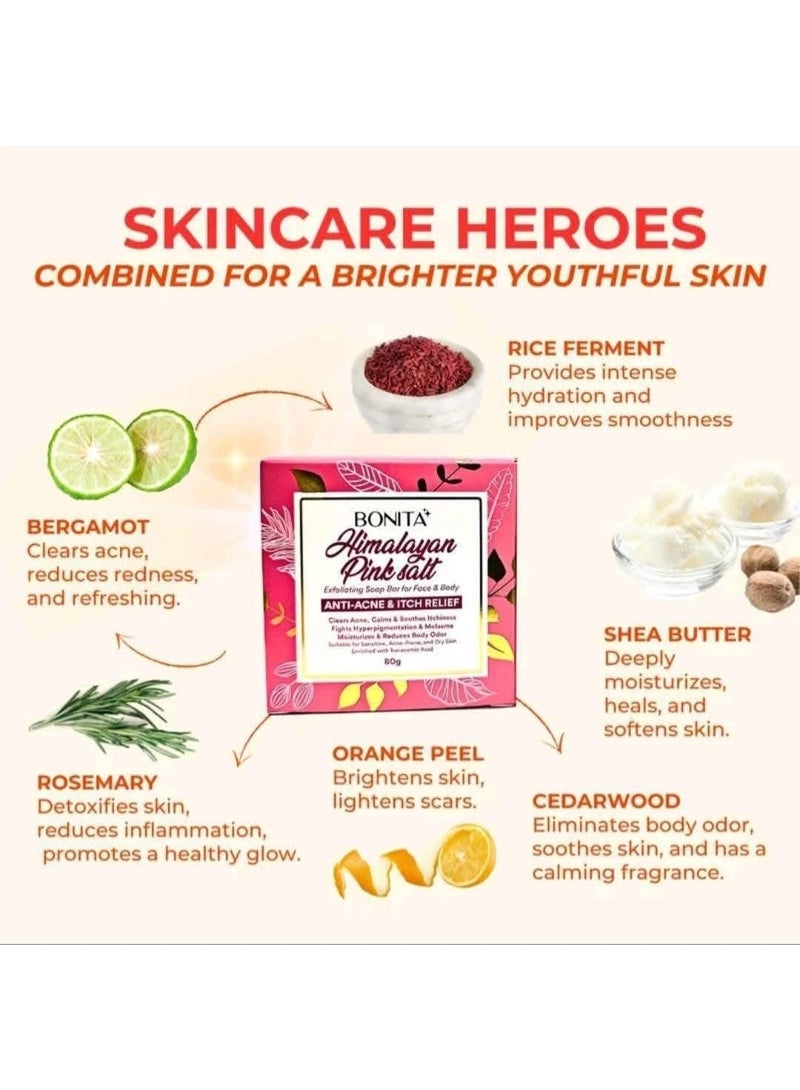 Bonita Himalayan Pink Salt Face and Body Soap 80g Natural Exfoliating Anti Acne Bar Reduces Pimples Itching Hyperpigmentation and Unwanted Odor - Image 5